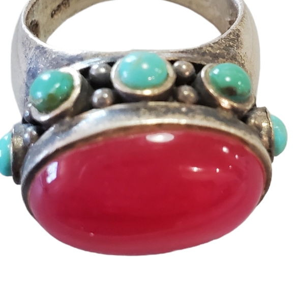 Vintage Sterling Large Turquoise and Gemstone Ring - Picture 6 of 15